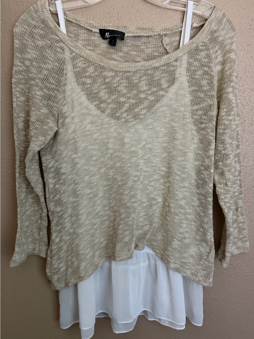 AB Studio Gold Layered Knit Sweater, Cami is detachable